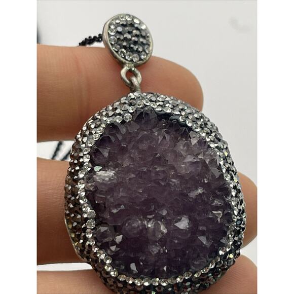 Raw Amethyst Sterling Silver Necklace Pendant 925 Druzy - Picture 11 of 16